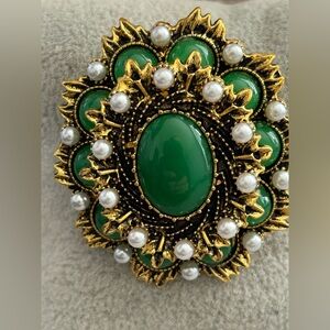 Vintage Inspired Green Cabochon & Faux Pearl Statement Brooch